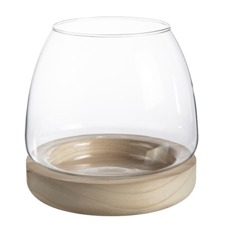 Vase boule verre sur socle bois (h)20,5x(d)20cm