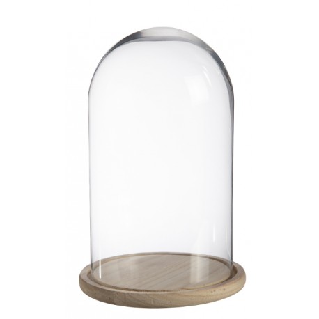 CLOCHE VERRE SOCLE BOIS H.26CM